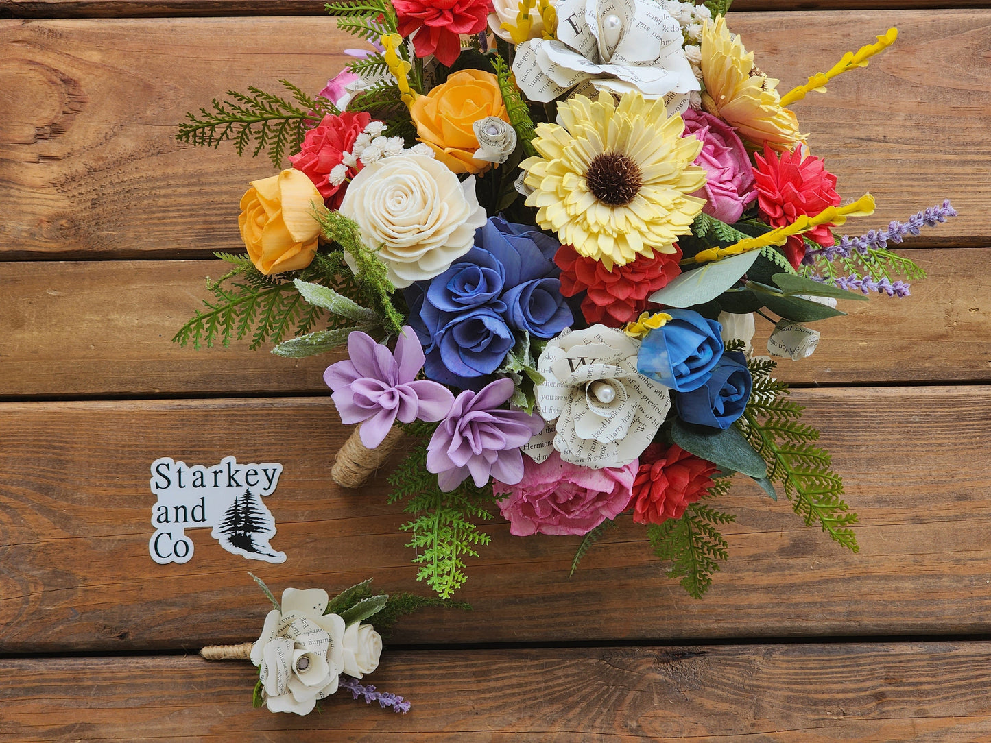 Storybook Wildflower Wedding Bouquet with Boutonniere, Colorful Wood Flower Bridal Bouquet, Fairytale Wedding Flowers, Book Page Flowers