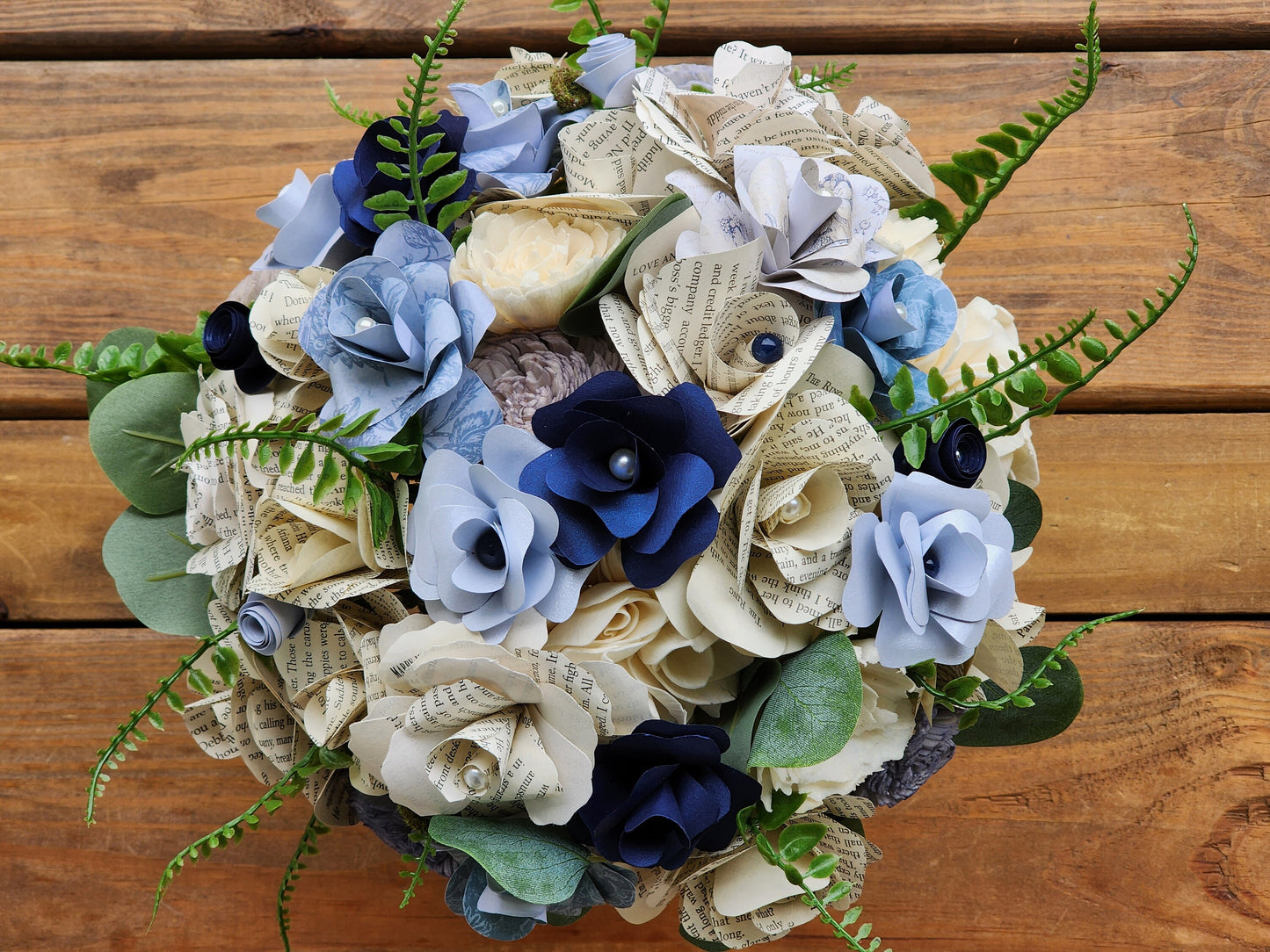 Storybook Inspired Garden style Brides Bouquet with a matching Boutonniere in Navy and Shades of Gray