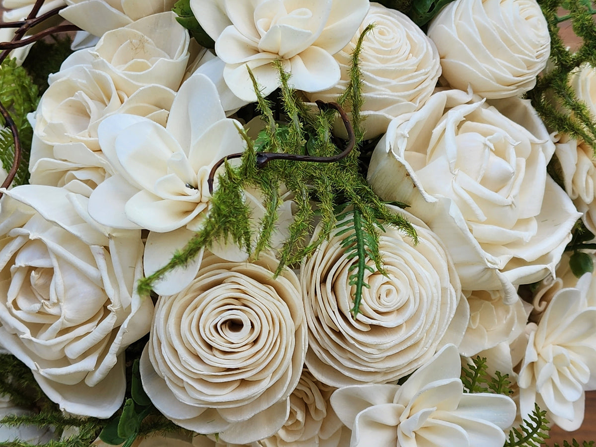 Ivory Sola Wood Flower Wedding Bouquet with Boutonniere. Sola Wood Flower Brides Bouquet and Grooms Boutonniere