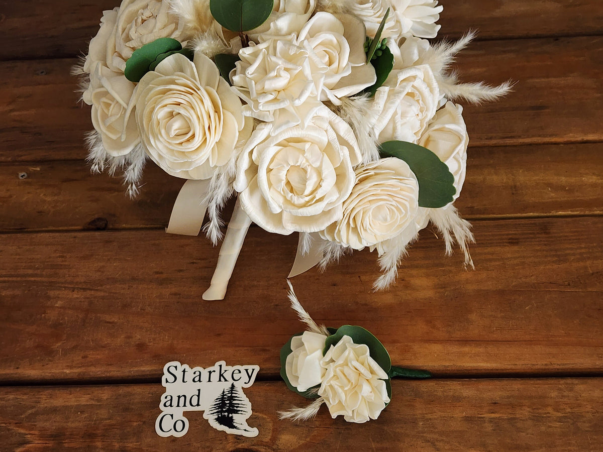 Sola Wood Flower Wedding Bouquet accented with Dried Pompas Grass and Boutonniere. Ivory Wood Flower Brides Bouquet and Grooms Boutonniere