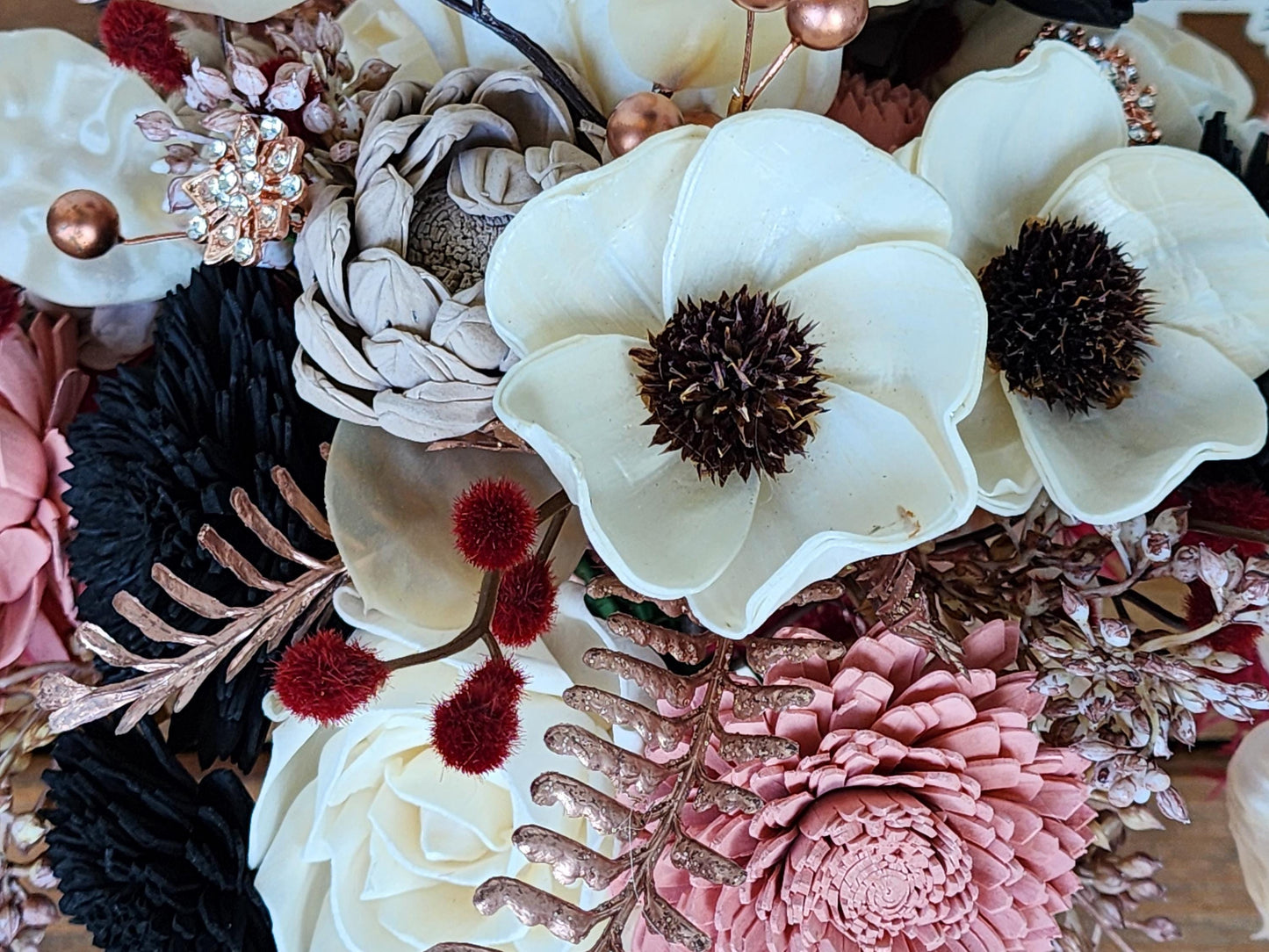 Boho Wedding Bouquet with Matching Boutonniere, Ivory Blush Pink Black Burgundy Bridal Bouquet, Wood Flower Wedding Flowers, Bridal Bouquet