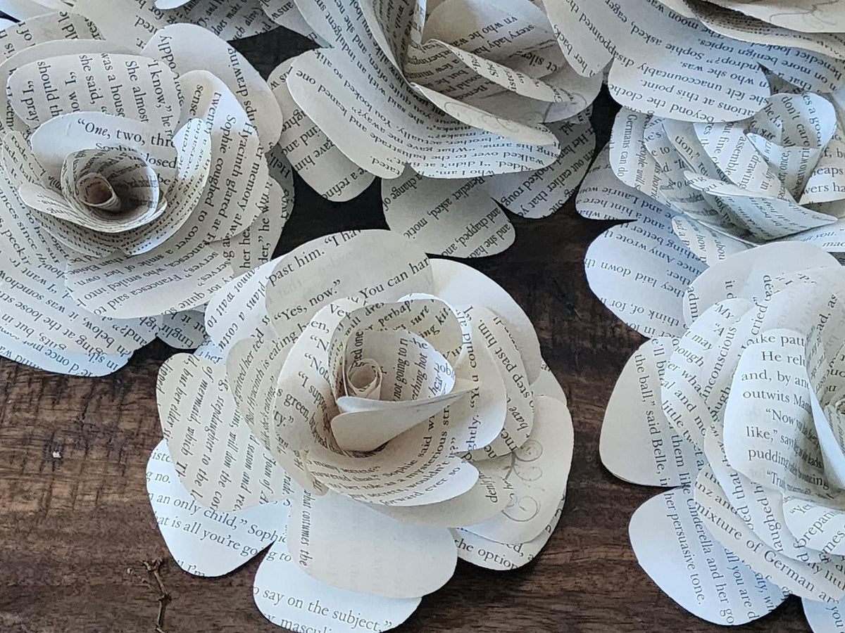 25 Handmade Stemless Book Page Flowers, DIY Wedding Bouquet Flowers, Paper Roses, Literary Wedding Decor, Craft Flower Supplies