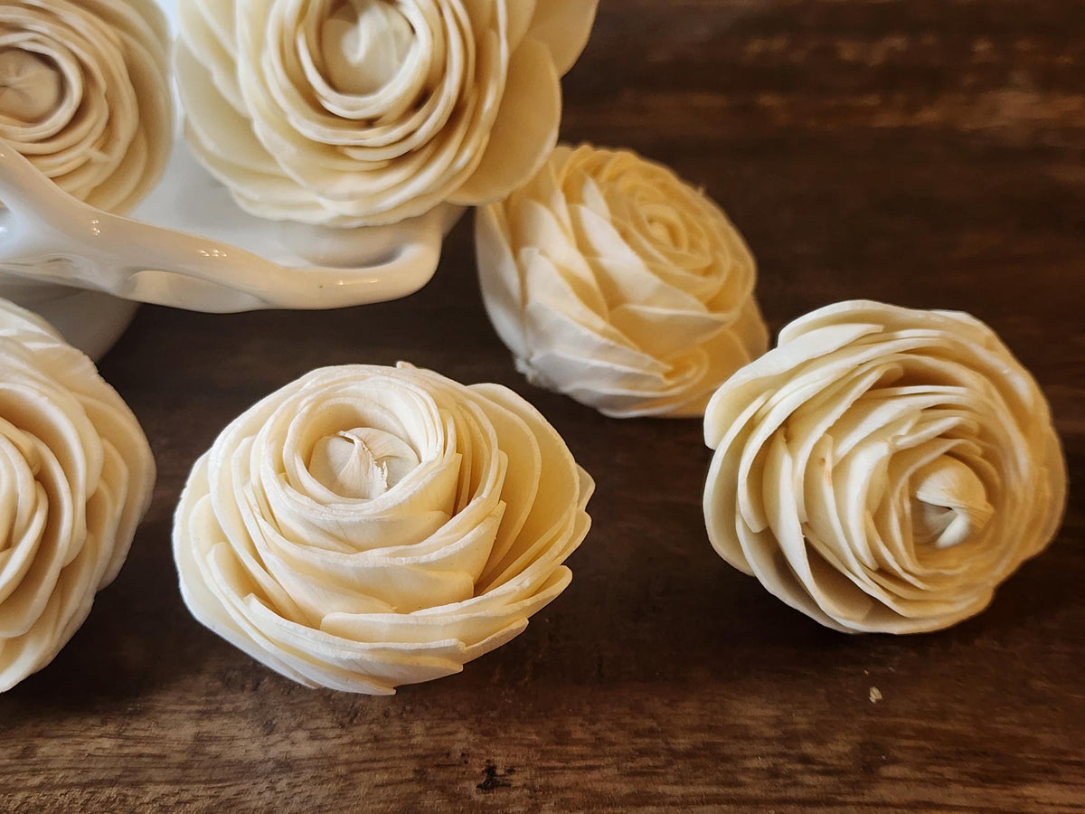 Sola Wood Flowers, 1 Dozen 2.5" Ranunculus Flowers, Ivory Wood Flowers, DIY Wedding Flowers, Bouquet Supplies, Floral Craft Supplies