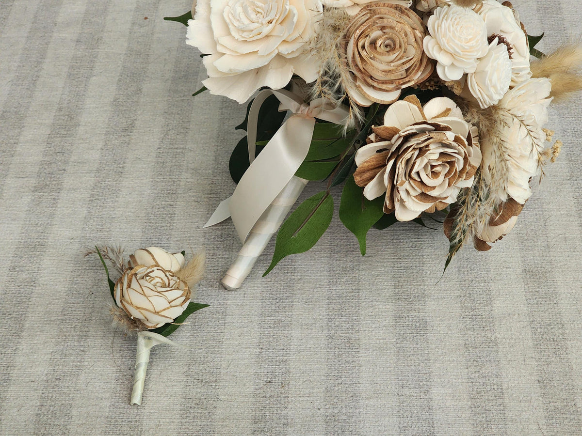 Rustic Boho Wedding Bouquet & Matching Boutonniere, Sola Wood Flower Bridal Bouquet, Neutral Farmhouse Wedding Flowers, Dried Flower Bouquet