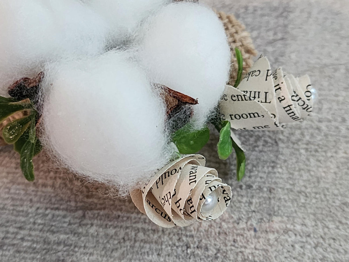 Groom or Groomsmen Boutonniere – Natural Cotton & Book Page Rosettes with Pearl Accents, Rustic Literary Wedding Flower, Farmhouse Wedding