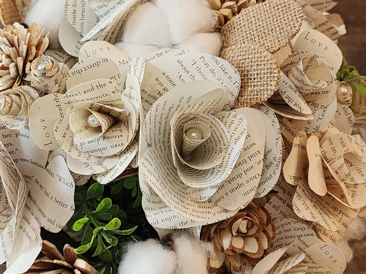 Book Page Bridal Bouquet and Boutonniere Set, Rustic Sola Wood Flower Bouquet, Cotton Burlap Magnolia Leaf Wedding Flowers, Bookish Bride