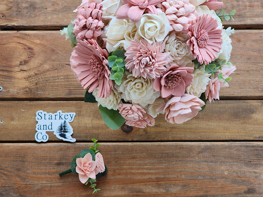 Wedding Bouquet with a matching Boutonniere in Ivory and Shades of Pink