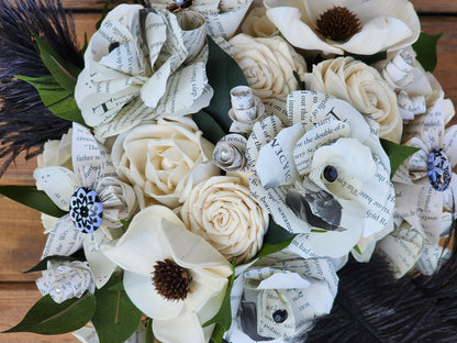 Storybook Theme Wedding Bouquet with a matching Boutonniere in Black and White