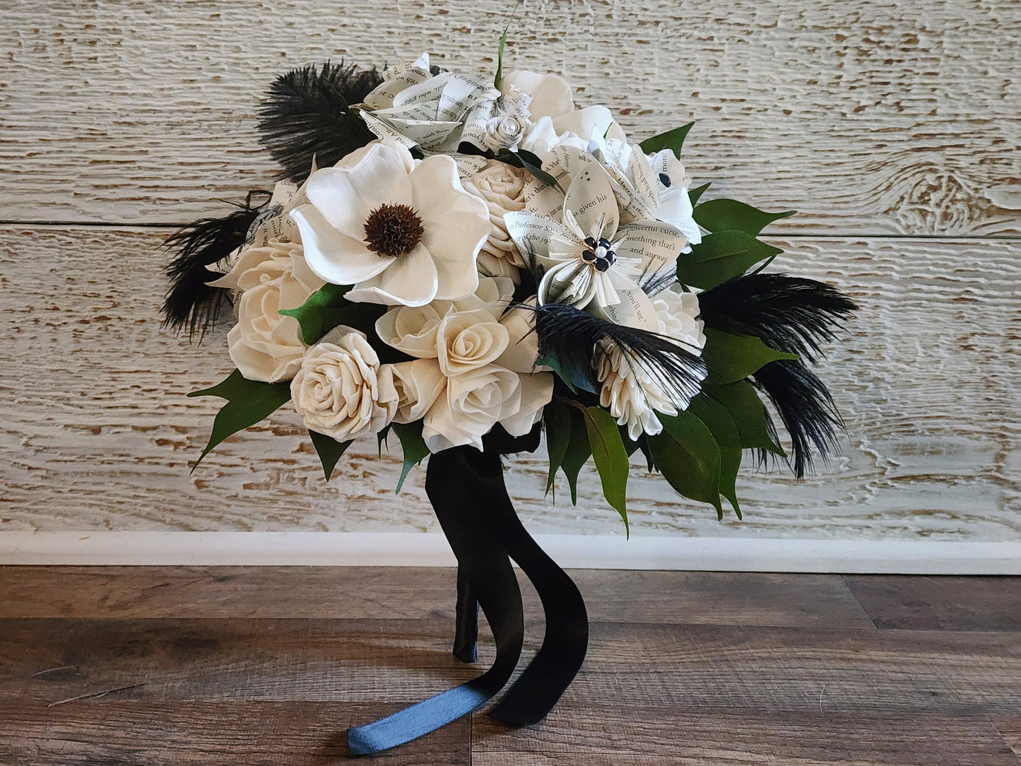 Storybook Theme Wedding Bouquet with a matching Boutonniere in Black and White