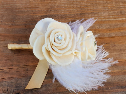 Wedding Bouquet with a matching Boutonniere in Ivory accented Gold/Rhinestone Brooches and Orstich Feathers