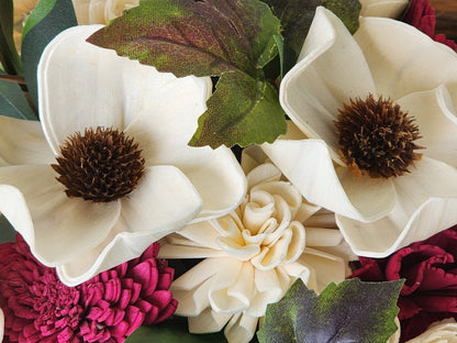 Winery Inspired Wedding Bouquet with a matching Boutonniere in Ivory and Wine/Burgundy