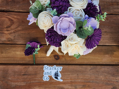 Wedding Bouquet with a matching Boutonniere in Ivory and Shades of Purple