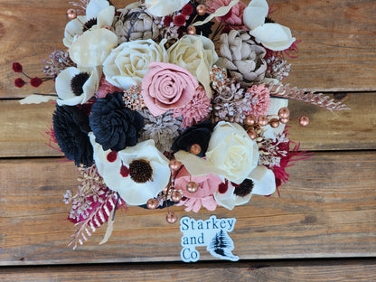 Boho Inspired Wedding Bouquet with a matching Boutonniere