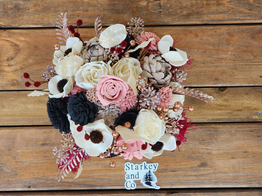 Boho Inspired Wedding Bouquet with a matching Boutonniere