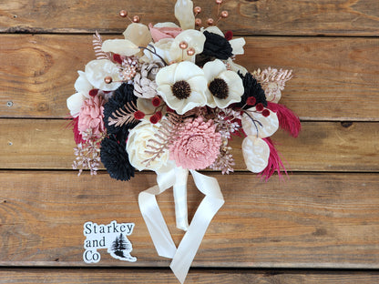 Boho Inspired Wedding Bouquet with a matching Boutonniere