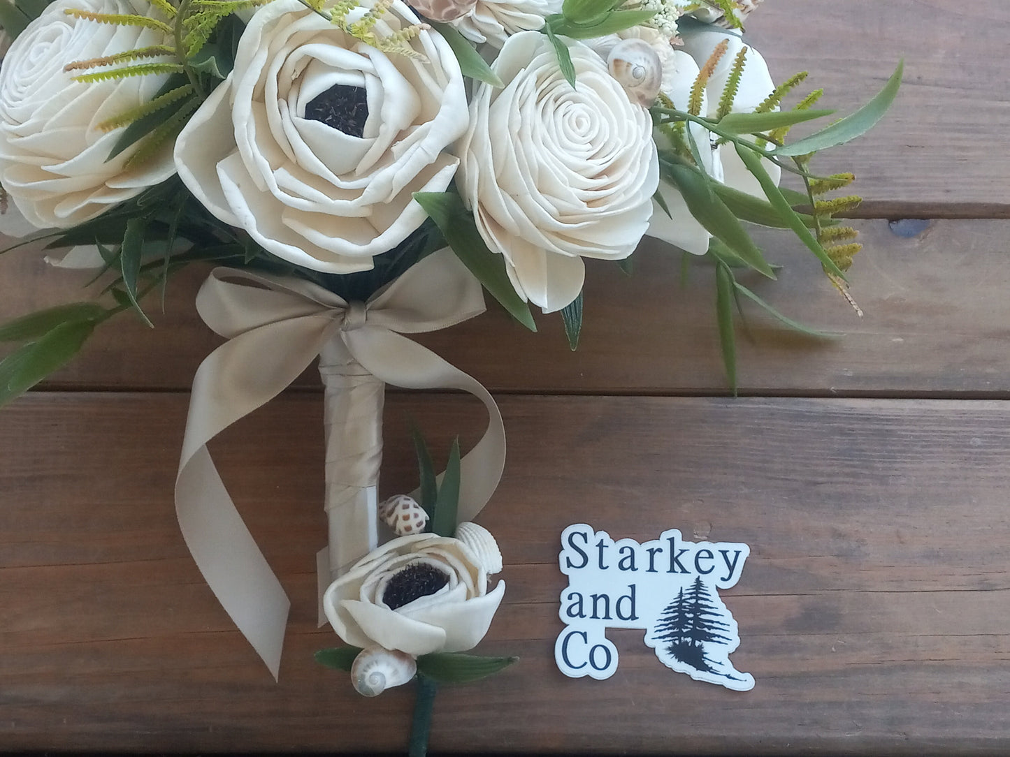 Beach Theme Wedding Bouquet with a matching Boutonniere
