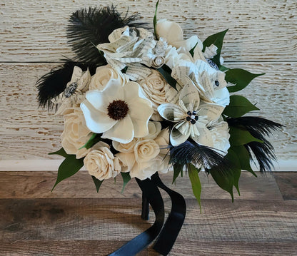 Storybook Theme Wedding Bouquet with a matching Boutonniere in Black and White