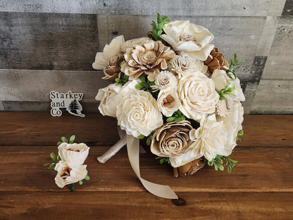 Country Inspired Wedding Bouquet with a matching Boutonniere