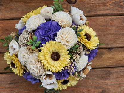 Rustic Inspired Wedding Bouquet with a matching Boutonniere in Ivory, Tan, Yellow and Purple