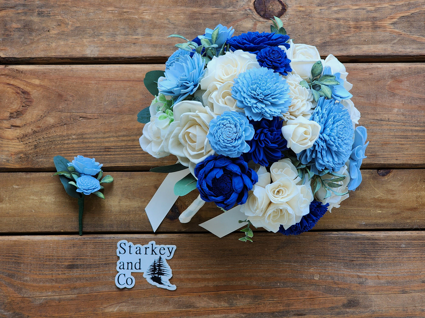Wedding Bouquet with a matching Boutonniere in Ivory and Shades of Blue