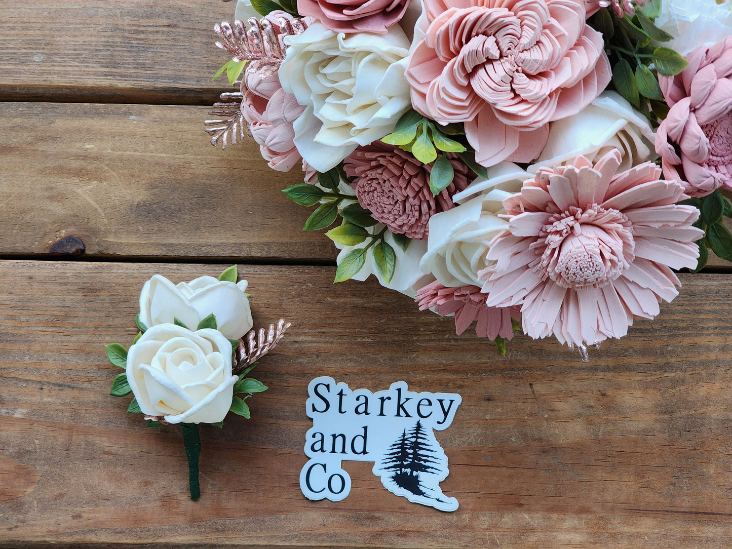 Wedding Bouquet with a matching Boutonniere in Ivory, Shades of Pink and Rose Gold
