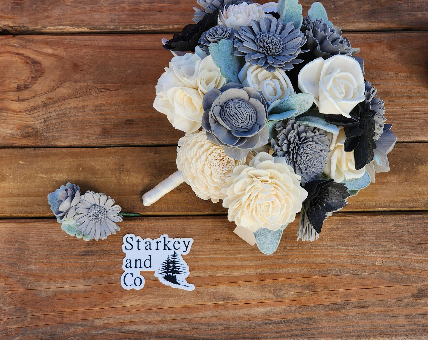 Wedding Bouquet with a matching Boutonniere in Ivory, Black and Gray