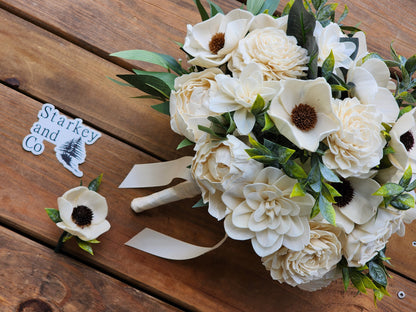 Garden Theme Wedding Bouquet with a matching Boutonniere