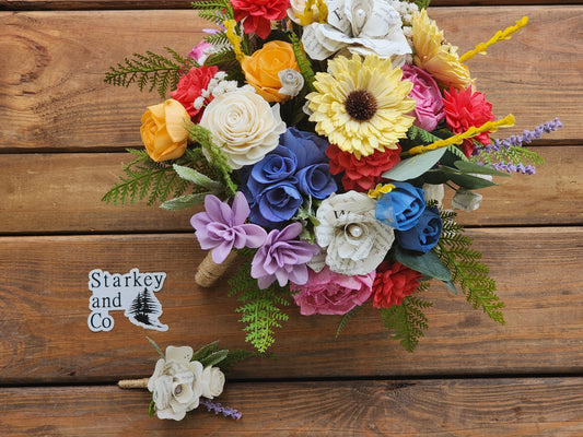 Storybook Inspired Wildflower Wedding Bouquet with a matching Boutonniere in Bright Vivid Colors