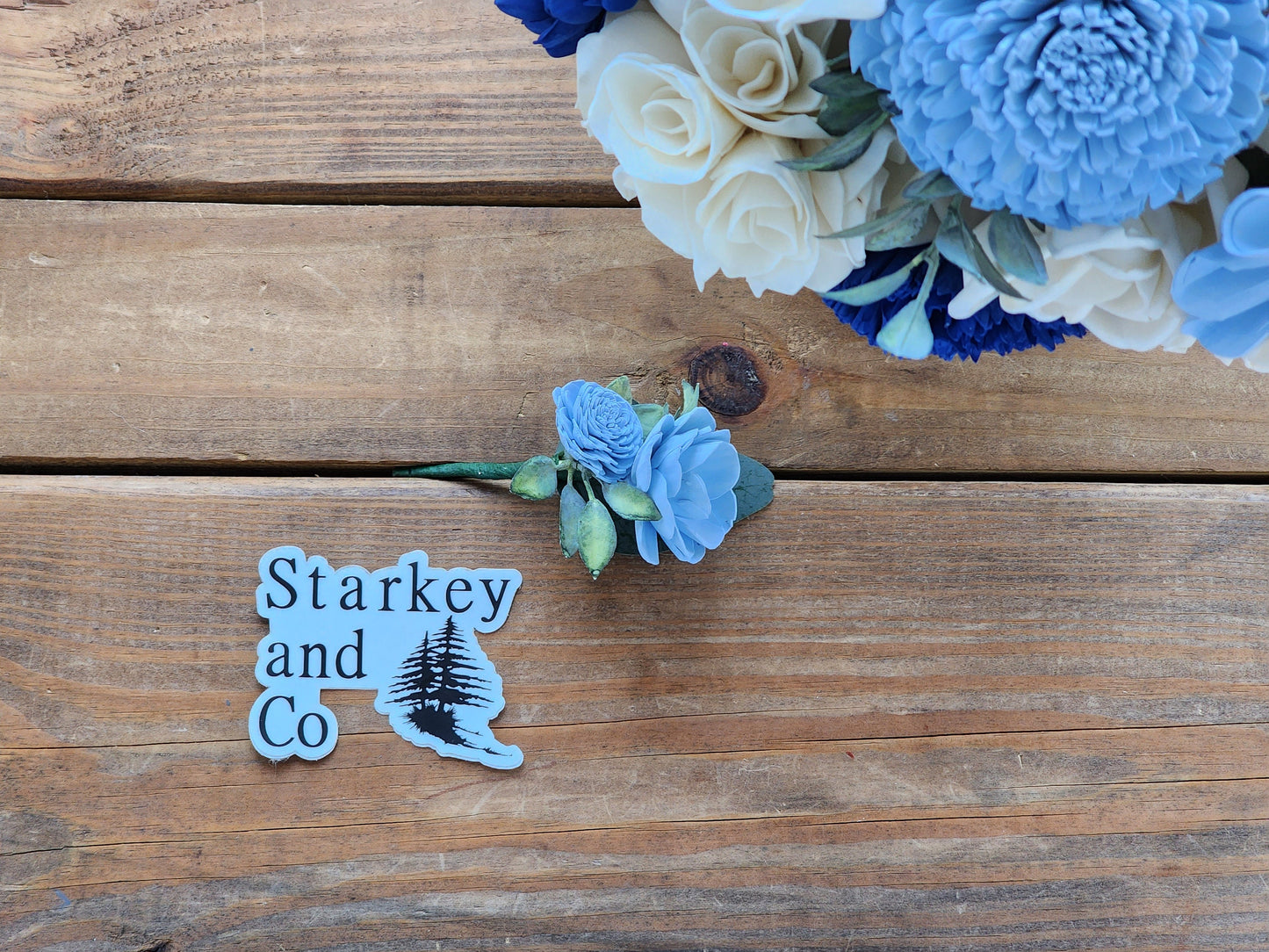 Wedding Bouquet with a matching Boutonniere in Ivory and Shades of Blue