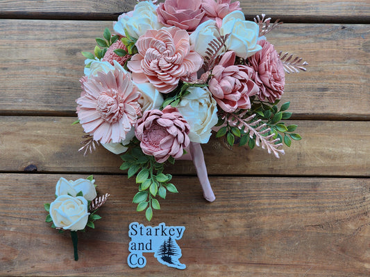 Wedding Bouquet with a matching Boutonniere in Ivory, Shades of Pink and Rose Gold