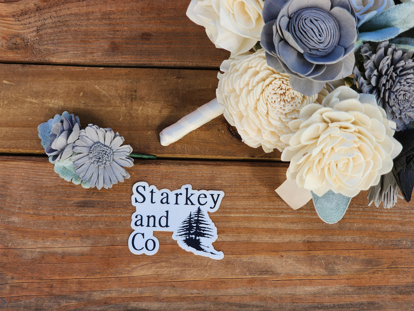 Wedding Bouquet with a matching Boutonniere in Ivory, Black and Gray