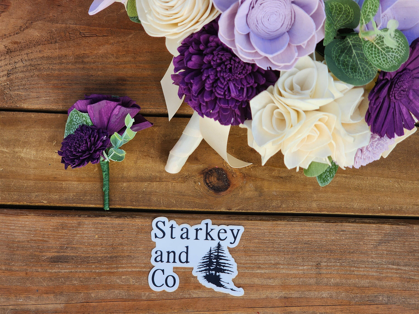 Wedding Bouquet with a matching Boutonniere in Ivory and Shades of Purple