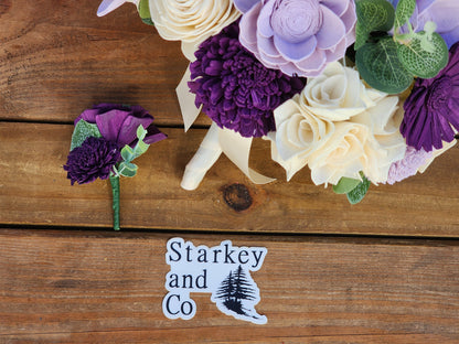 Wedding Bouquet with a matching Boutonniere in Ivory and Shades of Purple