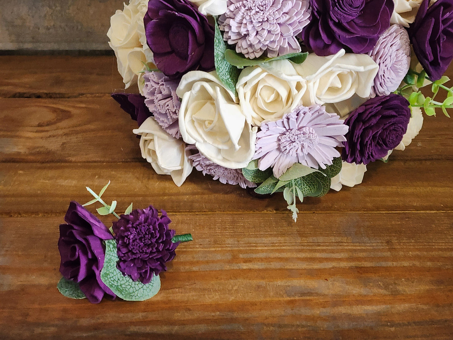 Wedding Bouquet with a matching Boutonniere in Ivory and Shades of Purple
