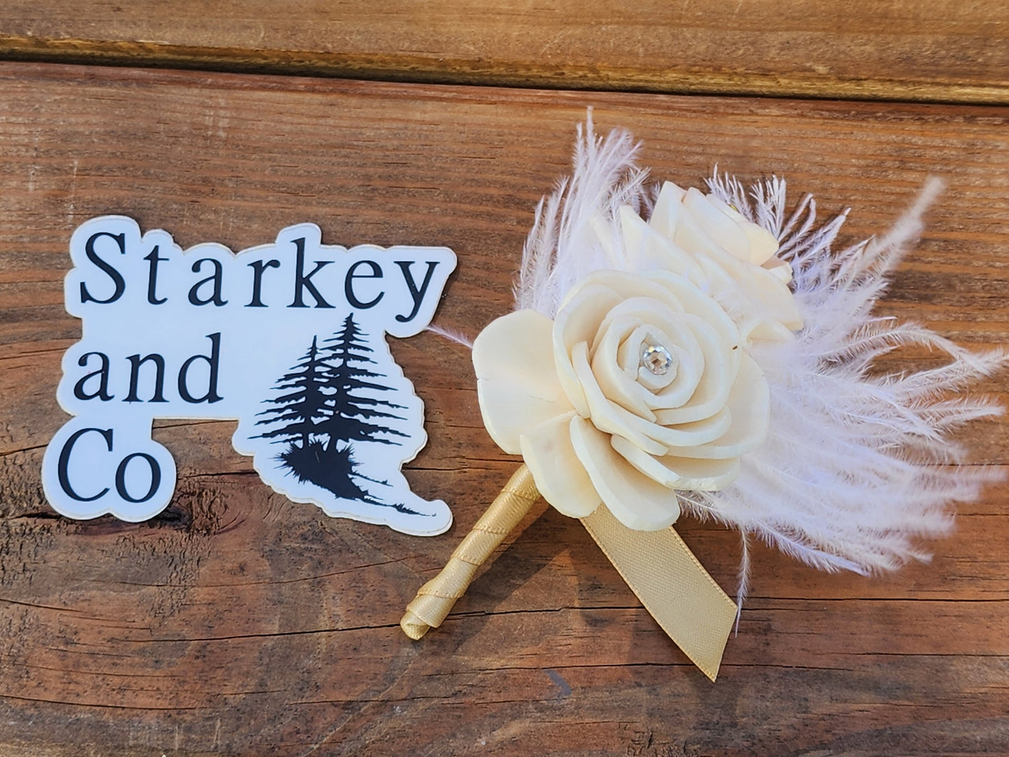 Wedding Bouquet with a matching Boutonniere in Ivory accented Gold/Rhinestone Brooches and Orstich Feathers