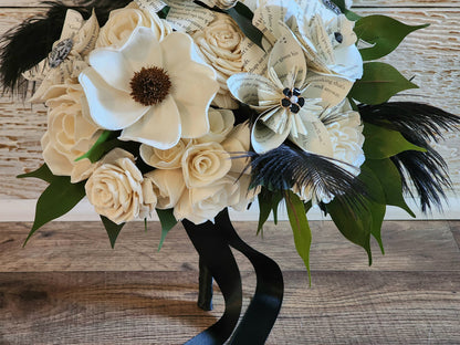 Storybook Theme Wedding Bouquet with a matching Boutonniere in Black and White