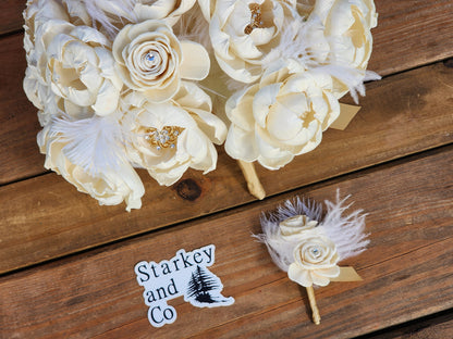 Wedding Bouquet with a matching Boutonniere in Ivory accented Gold/Rhinestone Brooches and Orstich Feathers