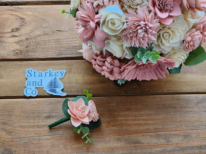 Wedding Bouquet with a matching Boutonniere in Ivory and Shades of Pink