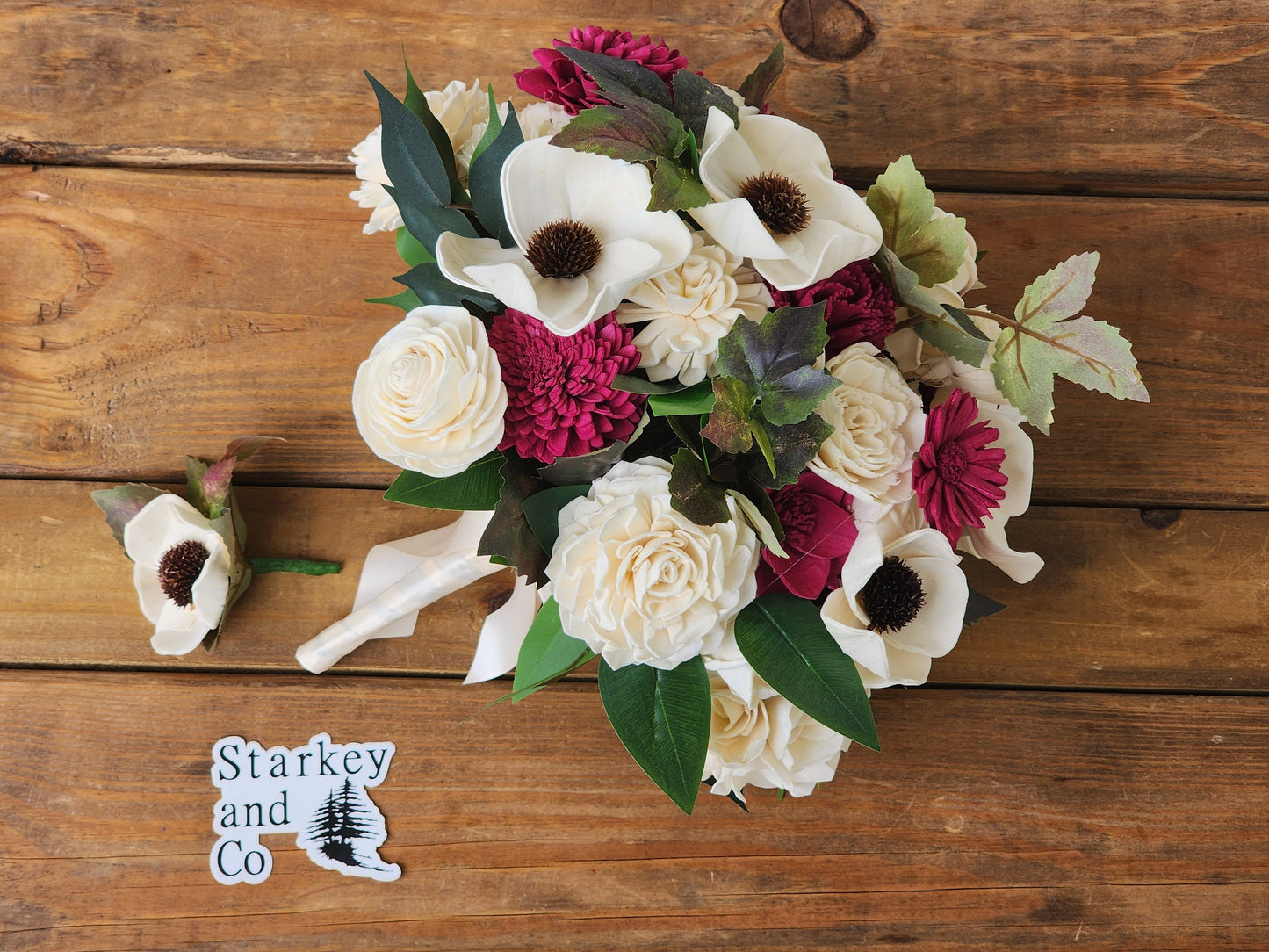 Winery Inspired Wedding Bouquet with a matching Boutonniere in Ivory and Wine/Burgundy