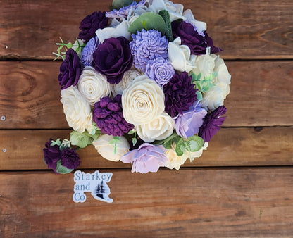 Wedding Bouquet with a matching Boutonniere in Ivory and Shades of Purple
