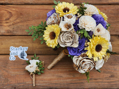 Rustic Inspired Wedding Bouquet with a matching Boutonniere in Ivory, Tan, Yellow and Purple