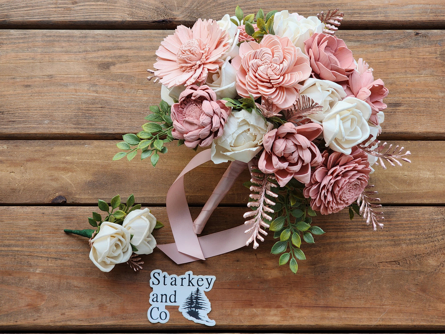 Wedding Bouquet with a matching Boutonniere in Ivory, Shades of Pink and Rose Gold