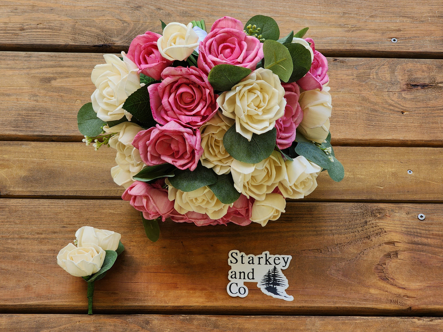 Wedding Bouquet with a matching Boutonniere in Ivory and Pink