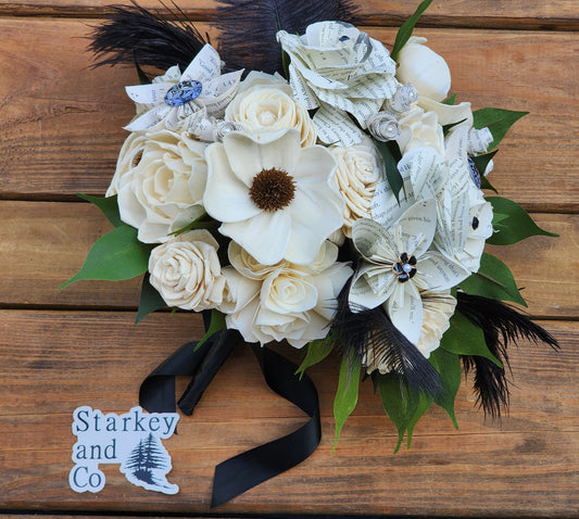 Storybook Theme Wedding Bouquet with a matching Boutonniere in Black and White