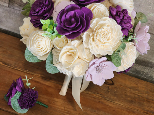 Wedding Bouquet with a matching Boutonniere in Ivory and Shades of Purple