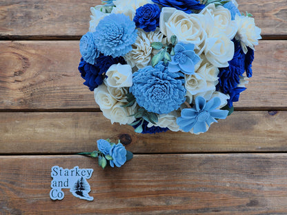 Wedding Bouquet with a matching Boutonniere in Ivory and Shades of Blue