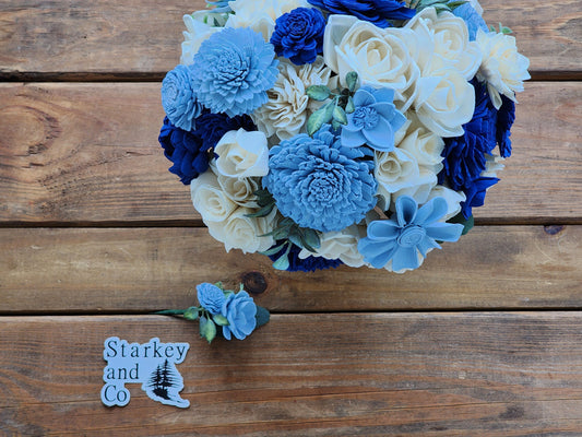 Wedding Bouquet with a matching Boutonniere in Ivory and Shades of Blue