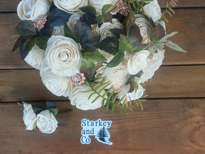 Wedding Bouquet accented with Rhinestone Brooches and a matching Boutonniere