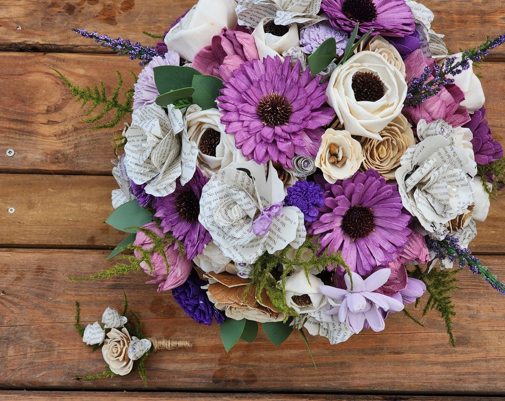 Storybook Inspired Wedding Bouquet with a matching Boutonniere in Ivory, Tan and Shades of Purple