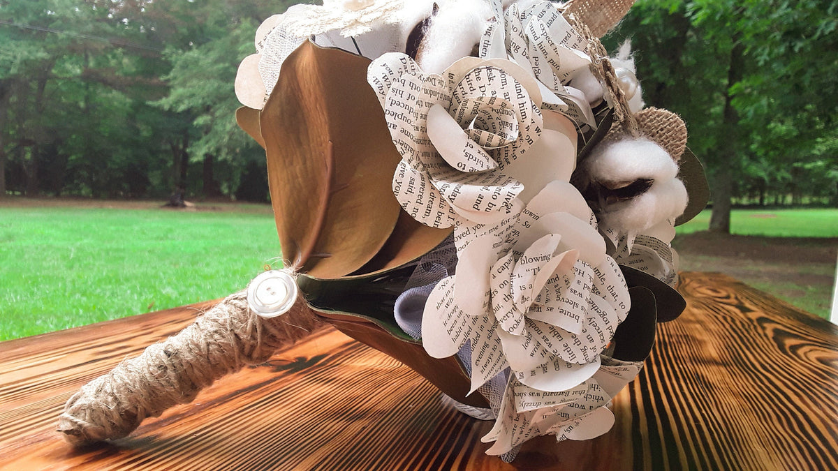 Book Page Bridal Bouquet and Boutonniere Set, Rustic Sola Wood Flower Bouquet, Cotton Burlap Magnolia Leaf Wedding Flowers, Bookish Bride